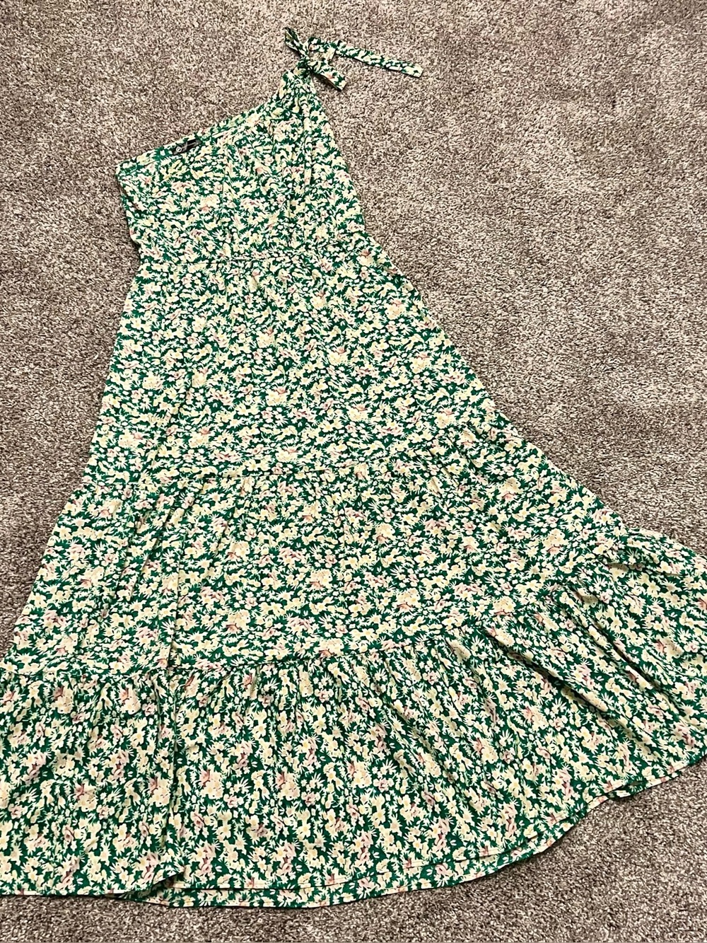 Green Floral Maxi Skirt with Tie Waist Off Shoulder Size L